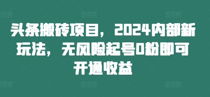 头条搬砖项目，2024内部新玩法，无风险起号0粉即可开通收益-资源站