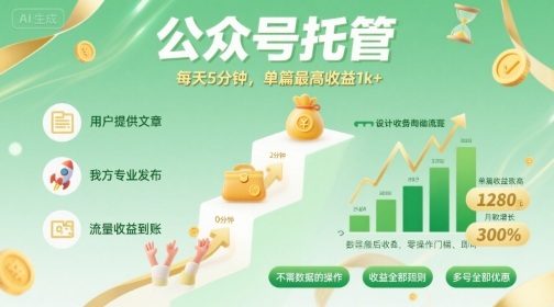 【公众号托管 】我提供文章,你发布,每天5分钟,单篇最高收益1k+【揭秘】-资源站