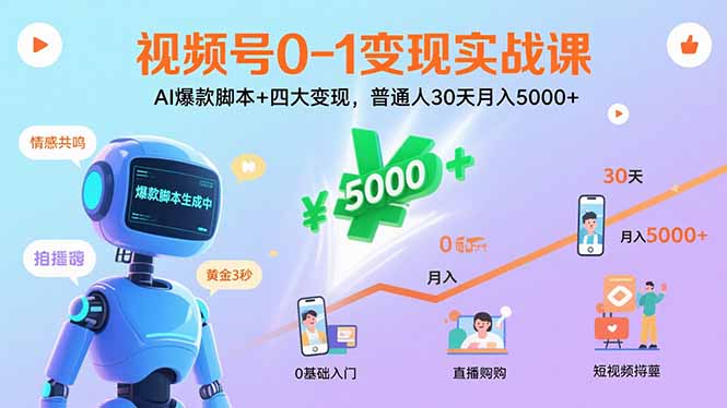 视频号0-1变现实战课:AI爆款脚本+四大变现,普通人30天月入5000+-资源站