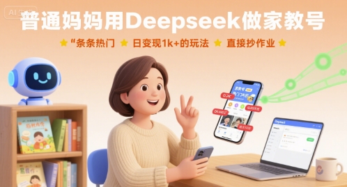 普通妈妈用Deepseek做家教号，条条热门，日变现1k+的玩法，直接抄作业-资源站