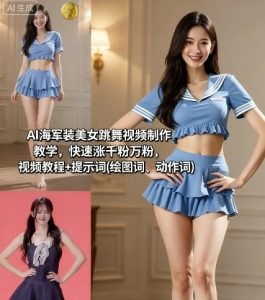 AI海军装美女跳舞视频制作教学，快速涨千粉万粉，视频教程+提示词(绘图词、动作词)-资源站