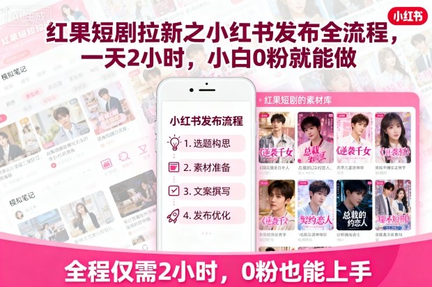 红果短剧拉新之小红书发布全流程，一天2小时，小白0粉就能做-资源站