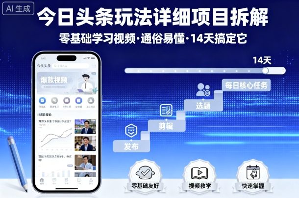 今日头条玩法详细项目拆解,零基础学习视频 通俗易懂 14天搞定它-资源站