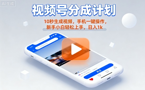 视频号分成计划懒人玩法，10秒生成视频，手机一键操作，新手小白轻松上手，日入1K【揭秘】-资源站