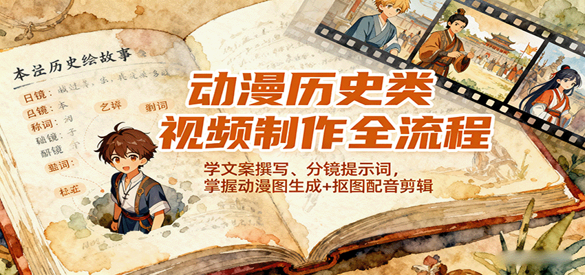 动漫历史类视频制作全流程，学文案撰写、分镜提示词，掌握动漫图生成+抠图配音剪辑-资源站
