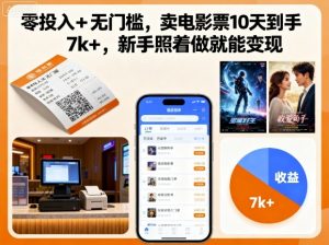 零投入+无门槛,卖电影票10天到手7k+,新手照着做就能变现【揭秘】-资源站