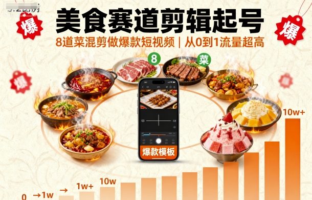 美食赛道剪辑起号，8道菜混剪做爆款短视频，从0到1，流量超高-资源站