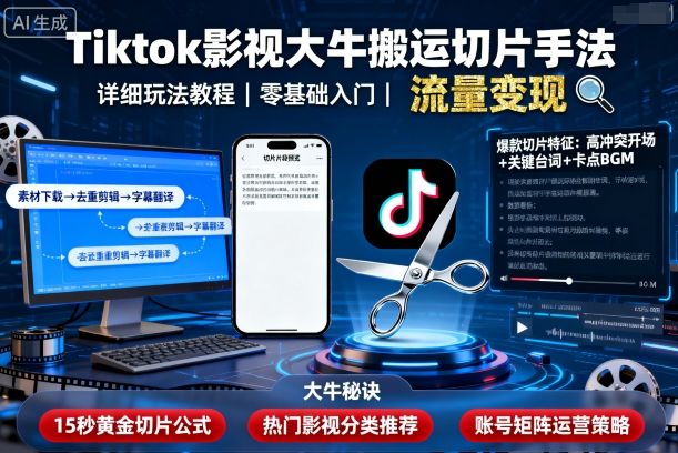 Tiktok影视大牛搬运切片手法，详细玩法教程-资源站