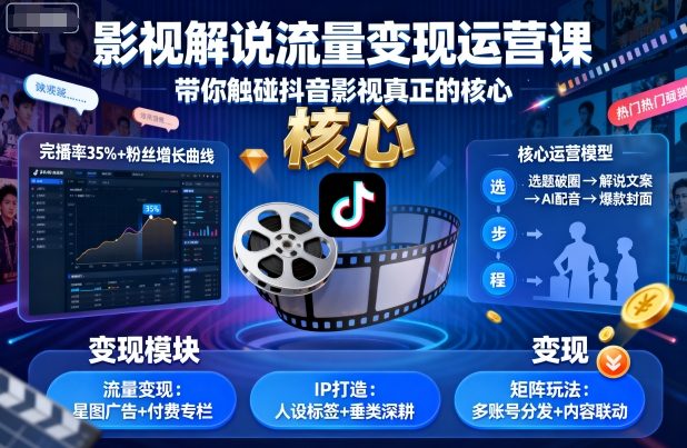 影视解说流量变现运营课,带你触碰抖音影视真正的核心-资源站