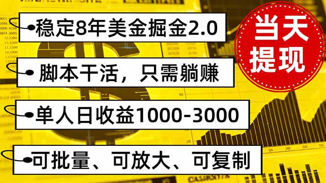 稳定8年美金掘金2.0脚本干活，只需躺赚。单人日收益1000-3000可批量、…-资源站