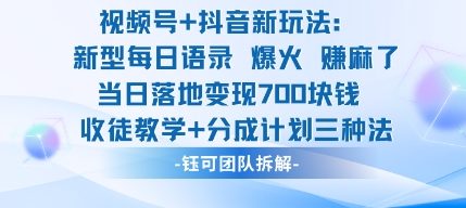 视频号加抖音新玩法：爆火新型每日语录，收徒教学加分成计划，三种变现玩法，当日变现7张-资源站