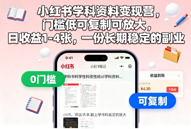 小红书学科资料变现营，门槛低可复制可放大，日收益1-4张，一份长期稳定的副业-资源站