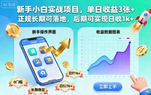 新手小白实战项目，单日收益3张+，正规长期可落地，后期可实现日收1k+【揭秘】-资源站