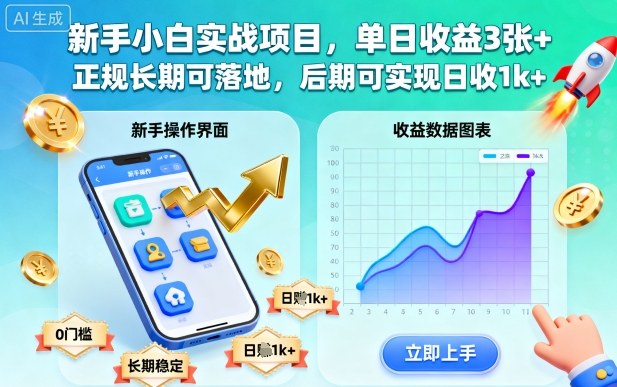 新手小白实战项目，单日收益3张+，正规长期可落地，后期可实现日收1k+【揭秘】-资源站