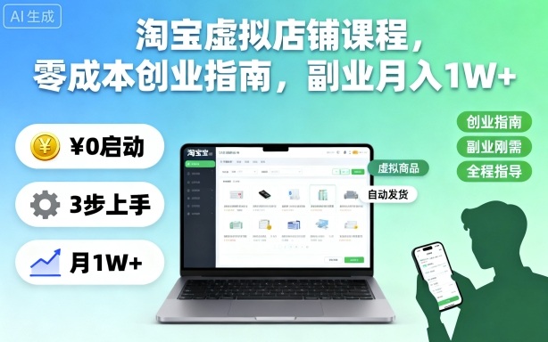 淘宝虚拟店铺课程，零成本创业指南，副业月入1W+-资源站