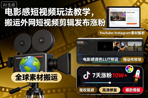 电影感短视频玩法教学，搬运外网短视频剪辑发布涨粉-资源站