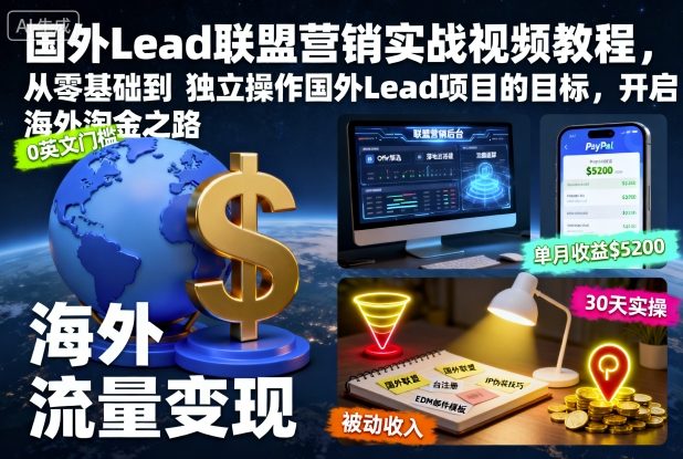 国外Lead联盟营销实战视频教程，从零基础到独立操作国外Lead项目的目标，开启海外淘金之路-资源站