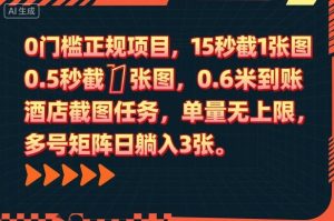 0门槛正规项目,15秒截1张图,0.6米到账,酒店截图任务,单量无上限,多号矩阵日躺入3张【揭秘】-资源站