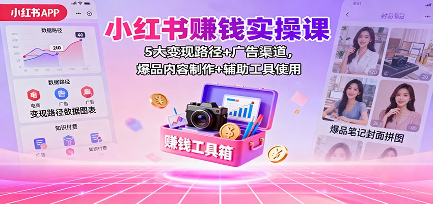 小红书赚钱实操课：5大变现路径+广告渠道，爆品内容制作+辅助工具使用-资源站