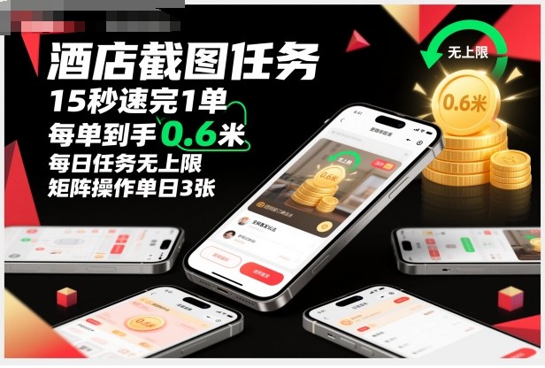 酒店截图任务，15秒速完1单，每单到手0.6米，每日任务无上限，全网首发玩法，矩阵操作单日3张【揭秘】-资源站