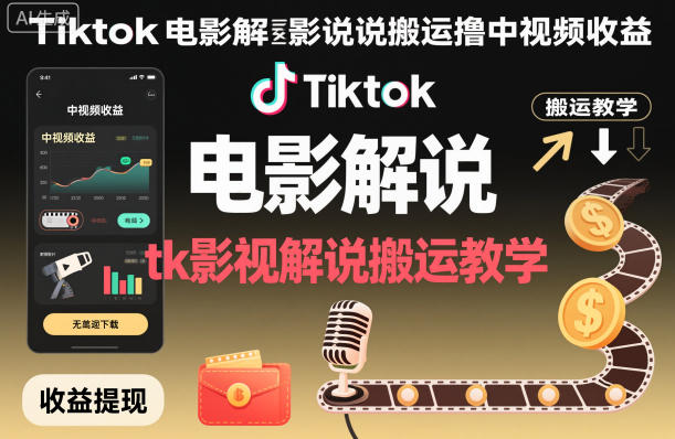 Tiktok电影解说搬运撸中视频收益，tk影视解说搬运教学-资源站