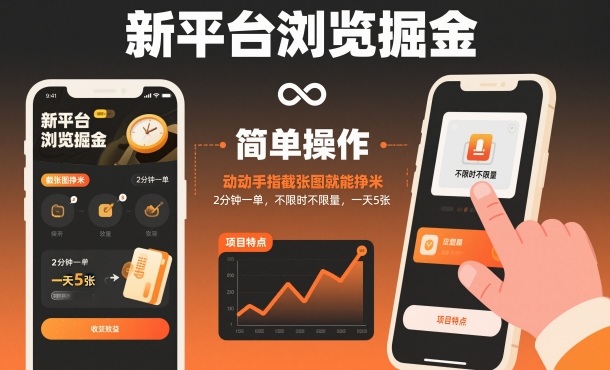 新平台浏览掘金，动动手指截张图就能挣米，2分钟一单，不限时不限量，一天5张【揭秘】-资源站