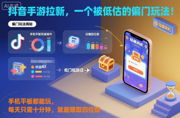 抖音手游拉新，一个被低估的偏门玩法！手机平板都能玩，每天只需十分钟，就能賺取四位数【揭秘】-资源站