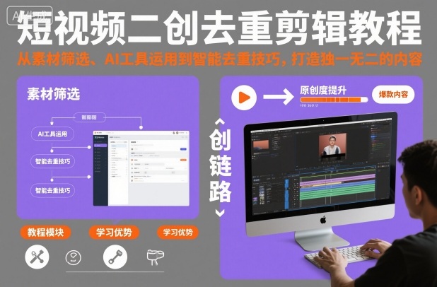 短视频二创去重剪辑教程，从素材筛选、AI工具运用到智能去重技巧，打造独一无二的内容-资源站