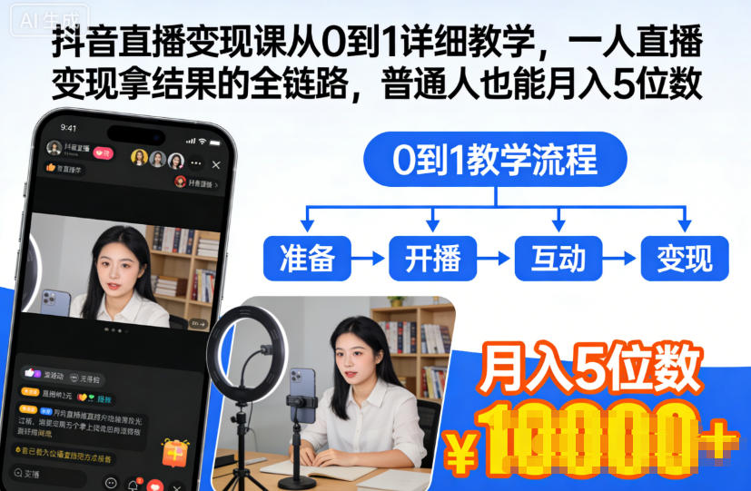 抖音直播变现课从0到1详细教学，一人直播变现拿结果的全链路，普通人也能月入5位数-资源站