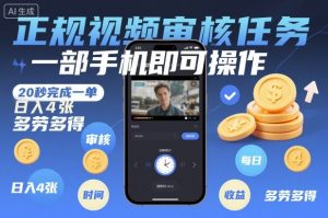 正规视频审核任务，一部手机即可操作，20秒完成一单，日入4张，多劳多得【揭秘】-资源站