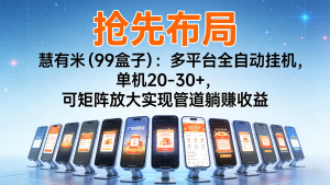 抢先布局慧有米(99盒子)：多平台全自动挂机，单机20-30+，可矩阵实现管道躺赚-资源站