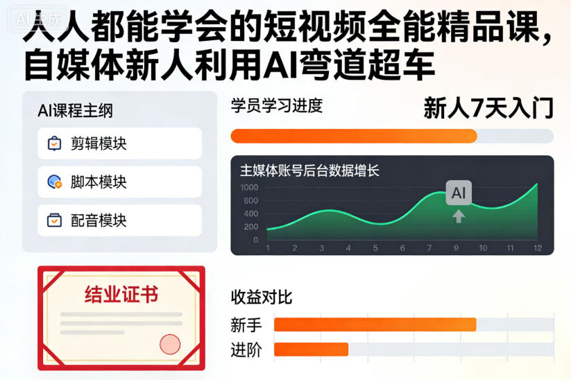 人人都能学会的短视频全能精品课，自媒体新人利用AI弯道超车-资源站
