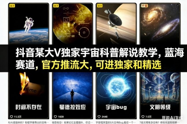 抖音某大V独家宇宙科普解说教学，蓝海赛道，官方推流大，可进独家和精选-资源站