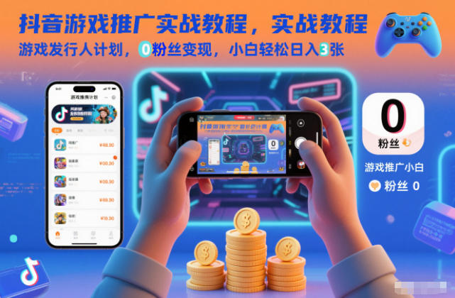 抖音游戏推广实战教程，游戏发行人计划，0粉丝变现，小白轻松日入3张-资源站