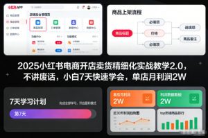 2025小红书电商开店卖货精细化实战教学2.0，不讲废话，小白7天快速学会，单店月利润2W-资源站