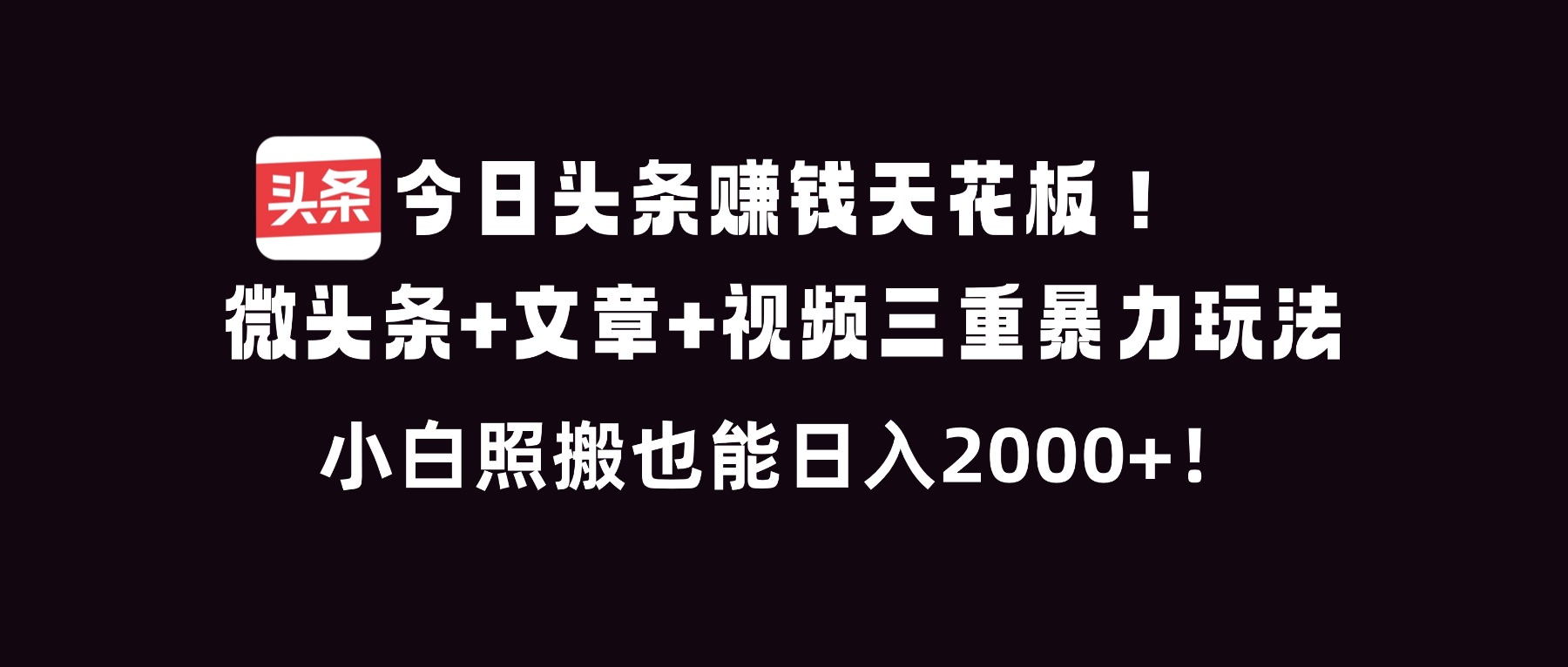今日头条赚钱天花板！微头条+文章+视频三重暴利玩法，小白照搬也能日人2000+-资源站