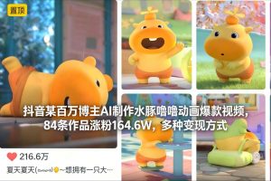 抖音某百万博主AI制作水豚噜噜动画爆款视频,84条作品涨粉164.6W,多种变现方式-资源站