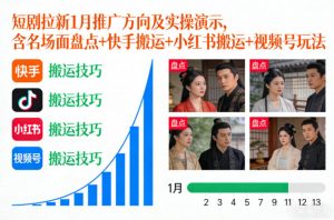 短剧拉新1月推广方向及实操演示，含名场面盘点+快手搬运+小红书搬运+视频号玩法-资源站