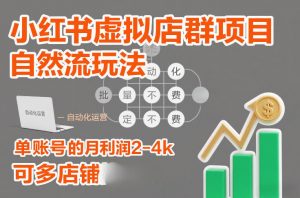 小红书虚拟店群项目，自然流玩法，批量自动化，稳定不费号，单账号的月利润2-4k，可多店矩阵-资源站