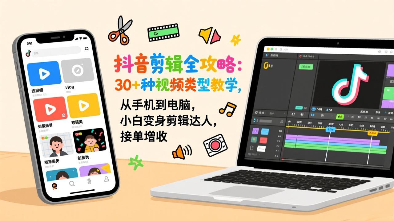 抖音剪辑全攻略：30+种视频类型教学，从手机到电脑，小白变身剪辑达人，接单增收-资源站