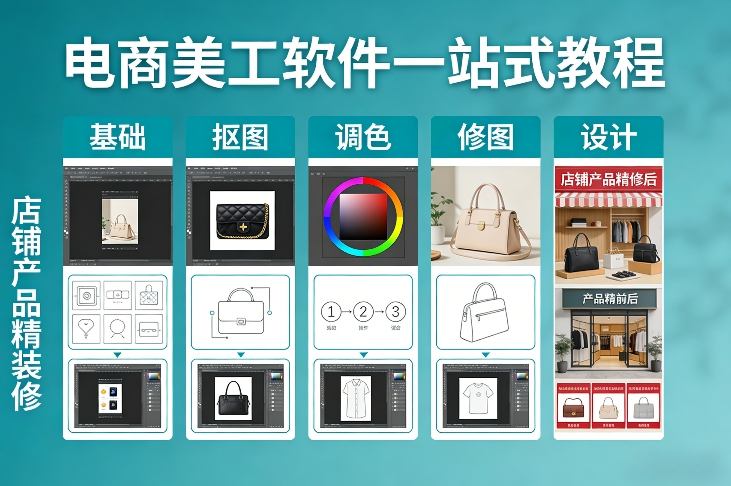 电商美工软件一站式教程，基础/抠图/调色/修图/设计，店铺产品精装修-资源站