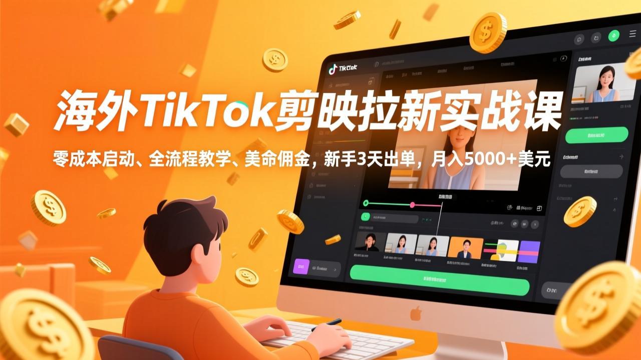 海外TikTok剪映拉新实战课，零成本启动、全流程教学、美金佣金，新手3天出单，月入5000+美元-资源站