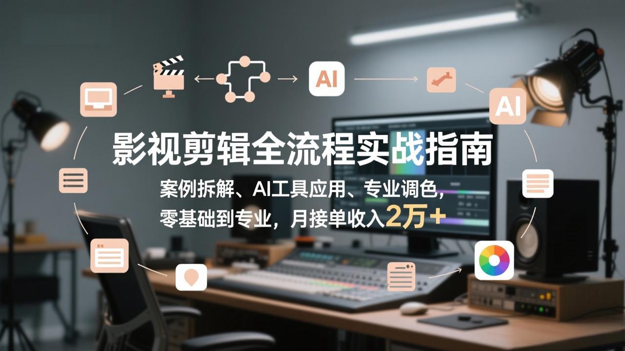 影视剪辑全流程实战指南，案例拆解、AI工具应用、专业调色，零基础到专业，月接单收入2万+-资源站