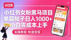 小红书女粉黑马项目，单篇帖子日入1k+，小白零成本上手-资源站