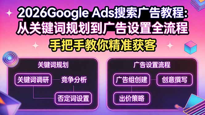 2026Google Ads搜索广告教程：从关键词规划到广告设置全流程，手把手教你精准获客-资源站