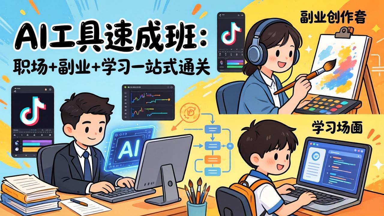 AI工具速成班：职场+副业+学习一站式通关，20+爆款类型+剪映技巧+抖音算法，0基础快速上手-资源站