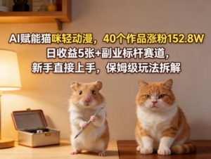 AI赋能猫咪轻动漫,40个作品涨粉152.8W,日收益5张+副业标杆赛道,新手直接上手,保姆级玩法拆解-资源站