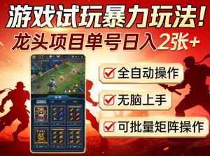 游戏试玩暴力玩法！龙头项目单号日入200+，全自动操作无脑上手，可批量矩阵操作【揭秘】-资源站
