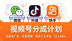 视频号分成计划:发视频自动挂广告,无需剪辑同步三大平台,单号轻松日入600+-资源站