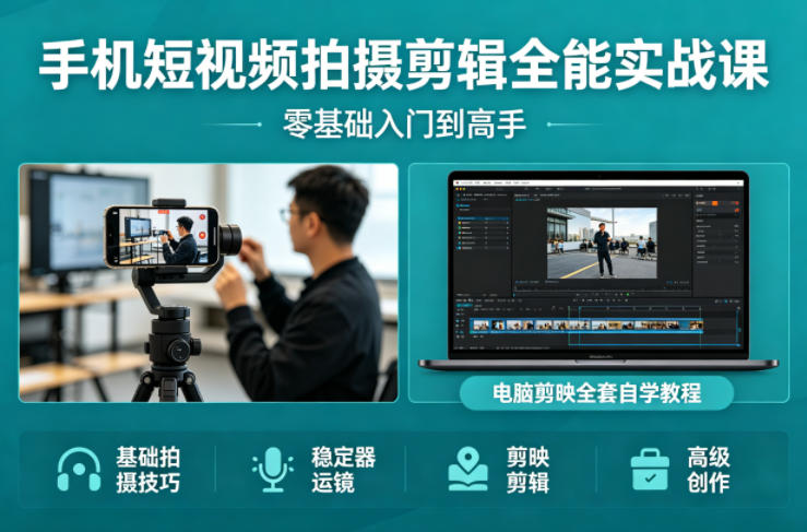 手机短视频拍摄剪辑全能实战课：零基础入门到高手，稳定器运镜+电脑剪映全套自学教程-资源站